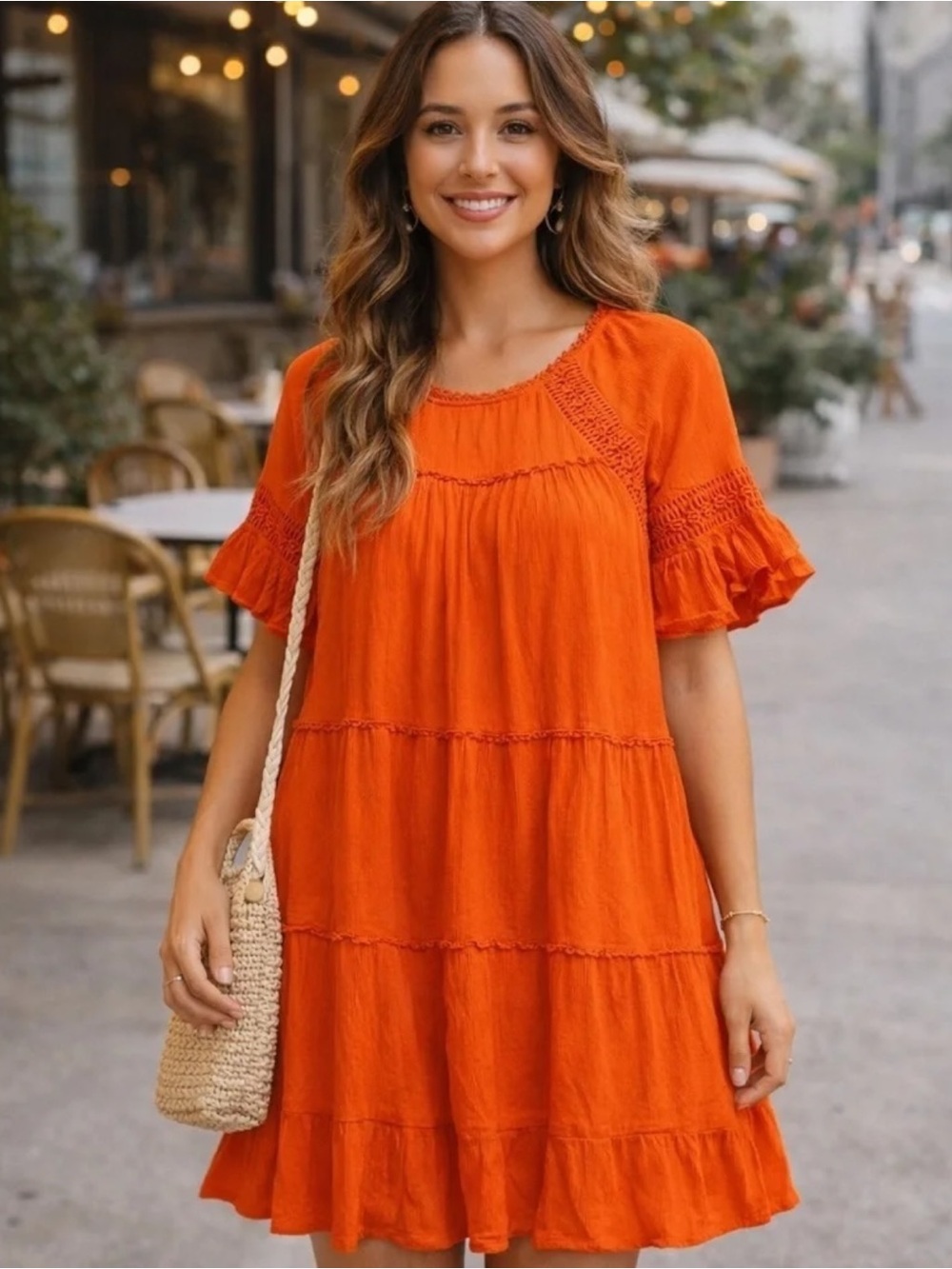 Patrons of Peace Las Palmas Dress M Orange Coral Crochet Lace Boho Tiered